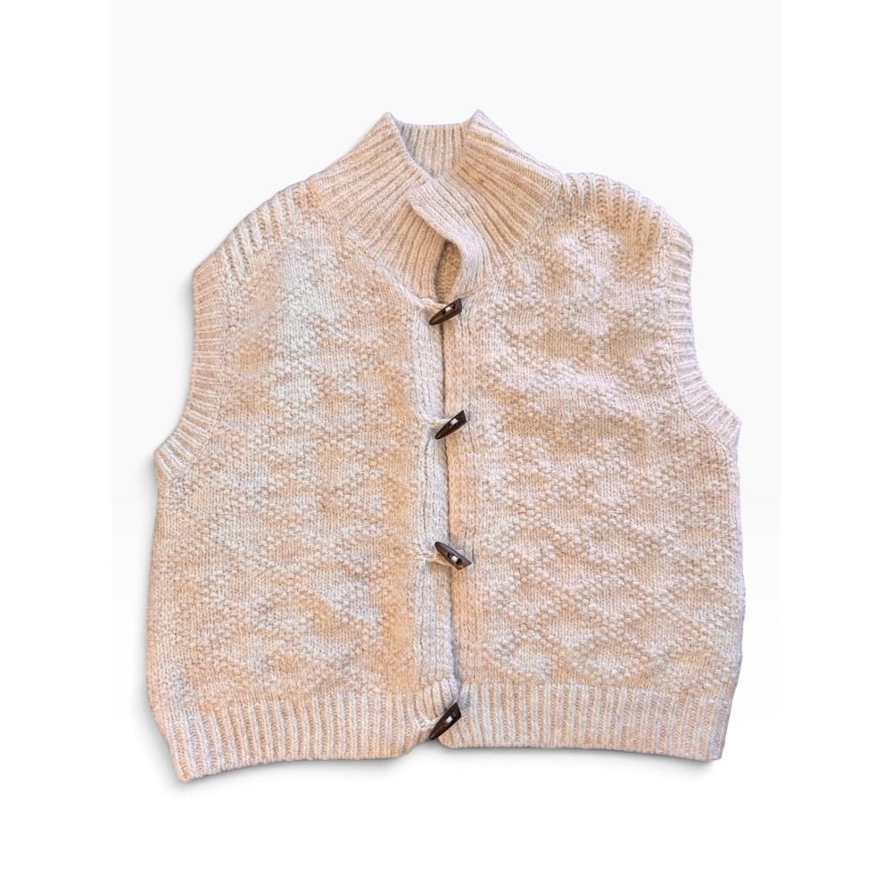 Handmade Cream Knit Toggle Vest Diamond Popcorn Stitch Mock Neck Sweater 22x22